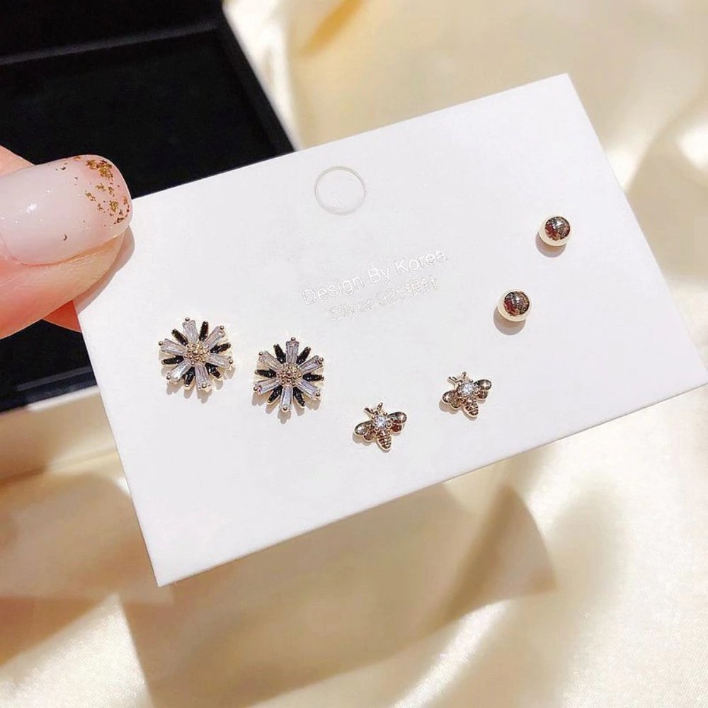 [3 Pairs] 925 Sterling Silver Diamond Earrings E - Picture 2 of 7